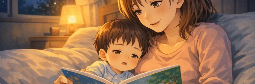 夜の寝室で母親が0〜2歳くらいの子どもに絵本を読み聞かせている寝かしつけのイメージ
