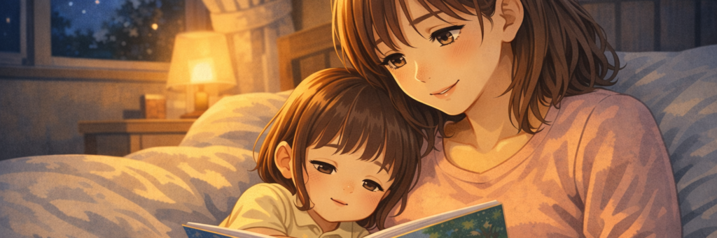 夜の寝室で母親が3〜5歳くらいの子どもにやさしく絵本を読み聞かせている寝かしつけのイメージ