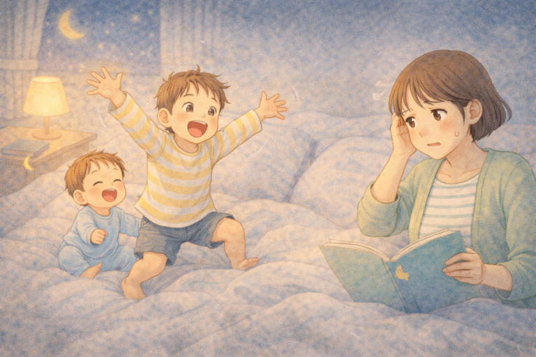 読み聞かせで子どもがはしゃいでしまい母親が困っているイメージ