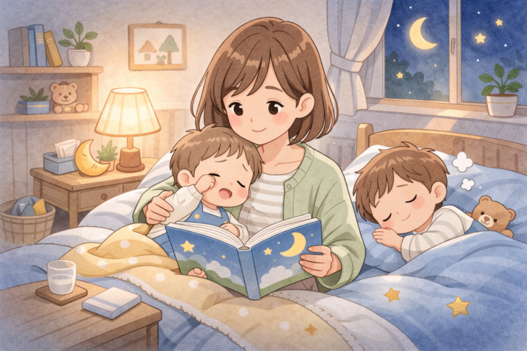 興奮しやすい子に親が静かな絵本を見せて気持ちを落ち着けるイメージ