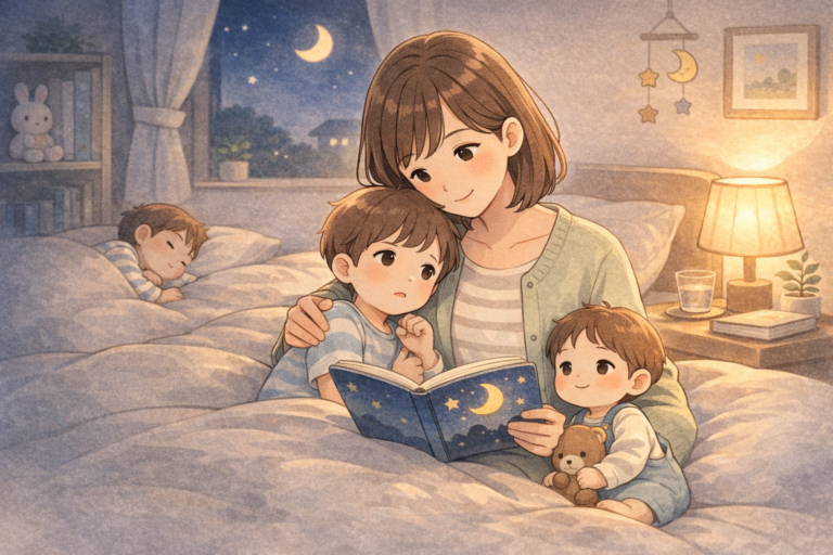 怖がる子が親と一緒に安心して寝かしつけ絵本を見るイメージ