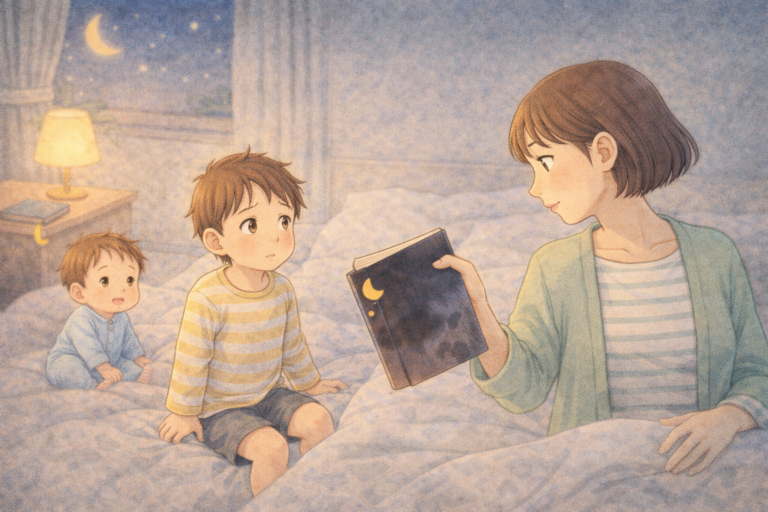 怖がる子の前で母親が不安を広げそうな絵本をそっと避けているイメージ