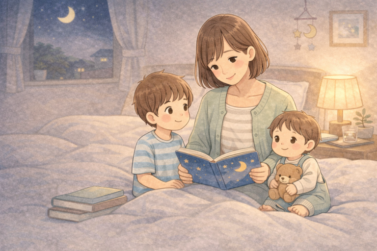 寝かしつけが長引く夜に親が一冊の絵本で流れを整えているイメージ