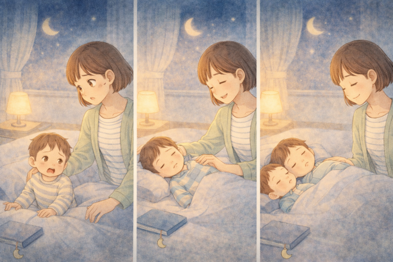 寝かしつけの読み聞かせを短く終わらせるために母親が流れを整えているイメージ