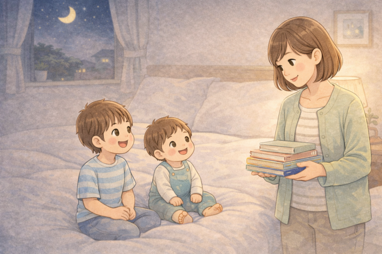 0〜2歳の子に親が短く静かな寝かしつけ絵本を読んでいるイメージ