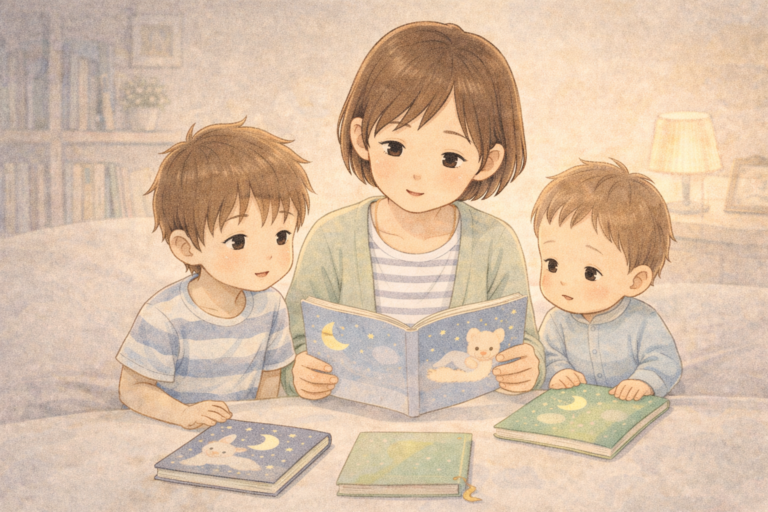 寝かしつけ絵本を親子で見比べながら全体から選んでいるイメージ