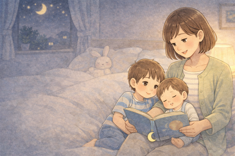 3〜5歳の子に親が安心して終われる寝かしつけ絵本を読んでいるイメージ