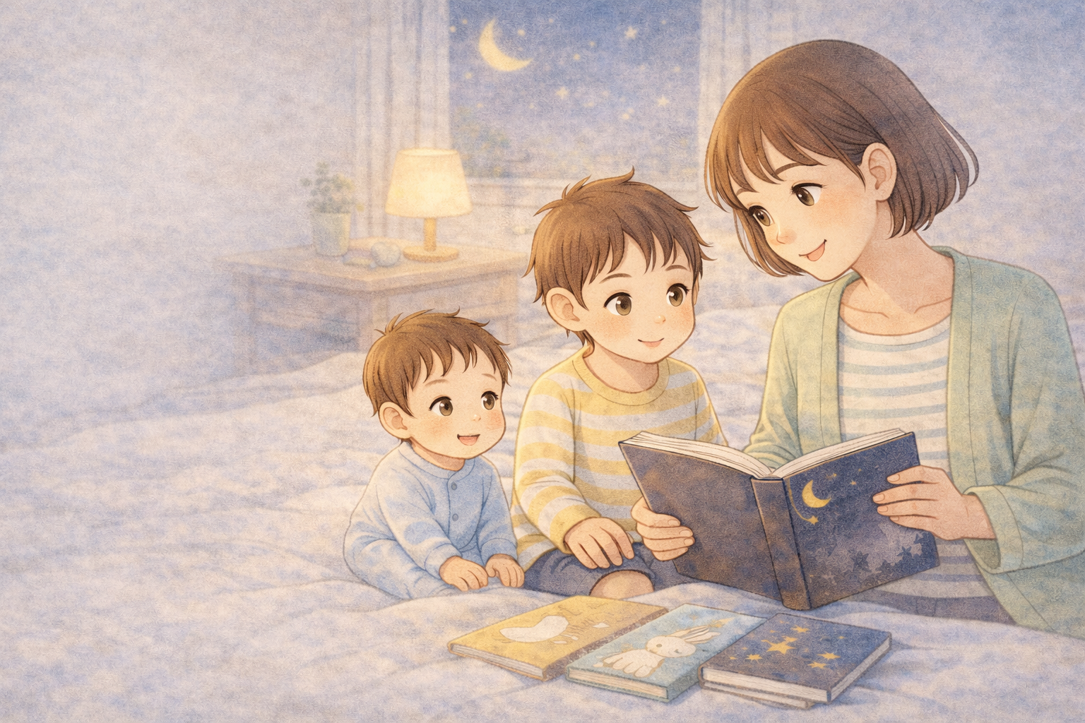 寝る前の親子のそばに複数の絵本が並び、寝かしつけ絵本を選ぶイメージ