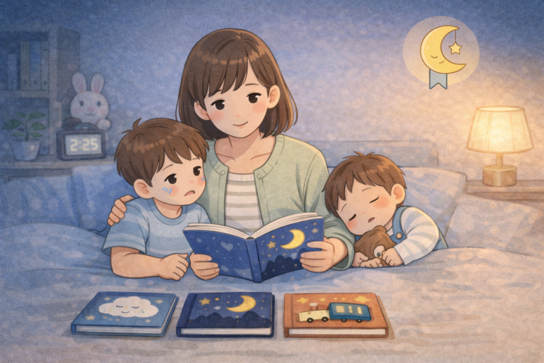夜泣きした子に親が静かに寄り添い寝かしつけ絵本を読むイメージ