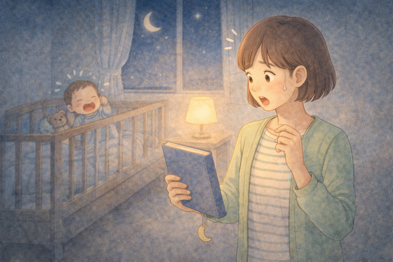 夜泣きの夜に母親が絵本を手に取ったものの今夜は違うと気づいているイメージ