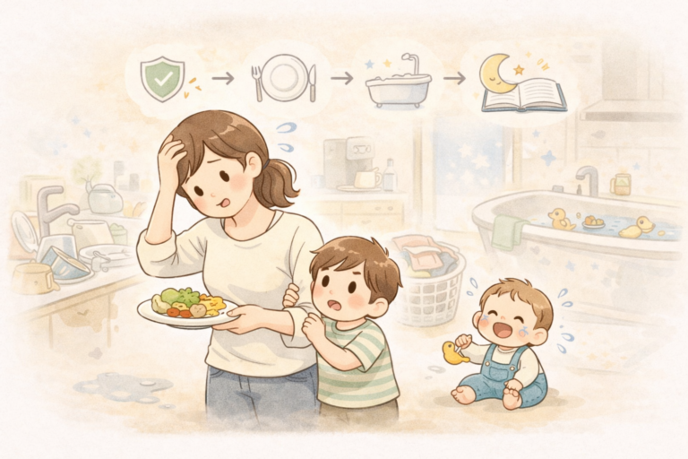 ワンオペの夕方に親子で順番を整えながら落ち着きを取り戻すイメージ